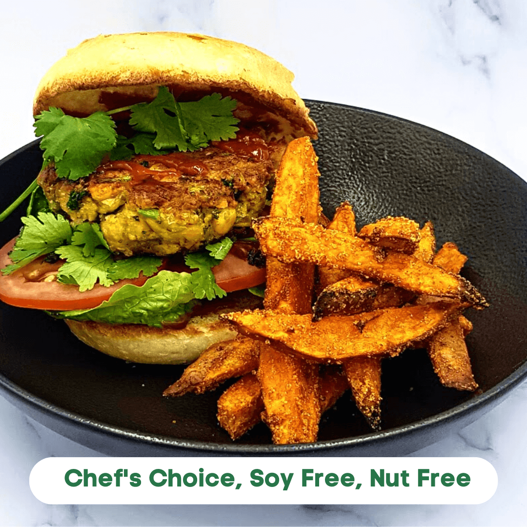 vegan burger with sweet potato chips sustainable